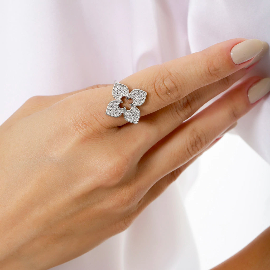 WHITE RHODIUM STUDDED FLOWER RING