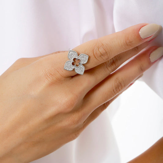 WHITE RHODIUM STUDDED FLOWER RING